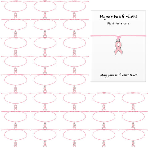Huquary 30 Pcs Breast Cancer Awareness Bracelets Adjustable Cord Pink Ribbon Braided Bracelets with 30 Pcs Cards Inspirational Breast Cancer Gifts for Women Cancer Survivor Fighter Jewelry