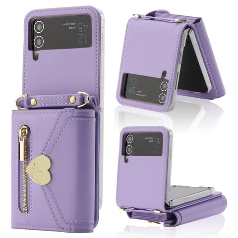 XIMAND for Samsung Galaxy Z Flip 3 Case with Love Flip Wallet, Large Capacity for 8 Card Slots, and Long Strap - a Mini, Fashionable Crossbody Bag for Young, Stylish Women Shopping(Z Flip 3,Purple)