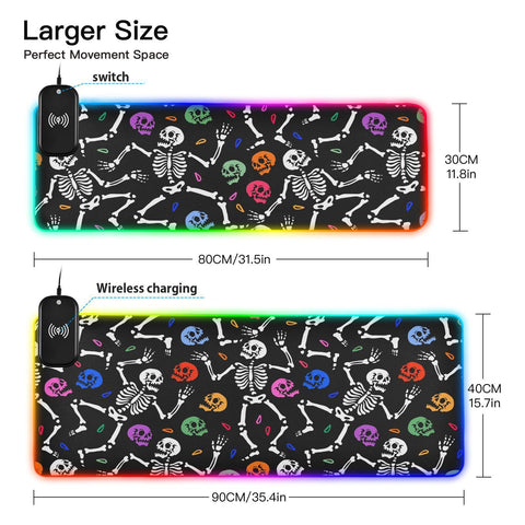 Dancing Skeletons Skulls Wireless Charging Mouse Pad for Mobile Phone Extra Large Gaming Mousepad with 13 Lighting Modes Computer Mat for Gaming MacBook PC Laptop Desk Office Home