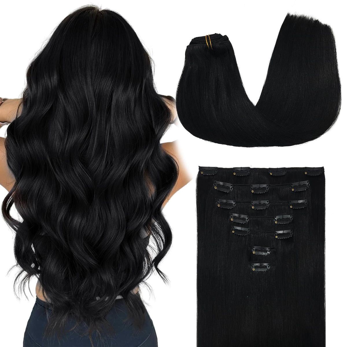 MAXITA Clip in Hair Extensions Real Human Hair, Jet Black 20 Inch 120g 7pcs, Hair Extensions Clip in Human Hair Remy Straight Long Hair Extensions Clip in Natural Hair