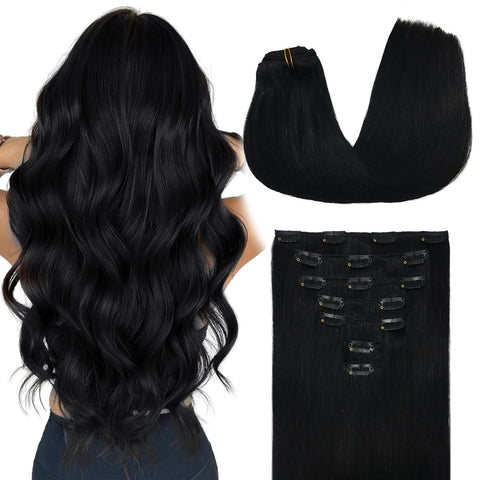 MAXITA Clip in Hair Extensions Real Human Hair, Jet Black 20 Inch 120g 7pcs, Hair Extensions Clip in Human Hair Remy Straight Long Hair Extensions Clip in Natural Hair