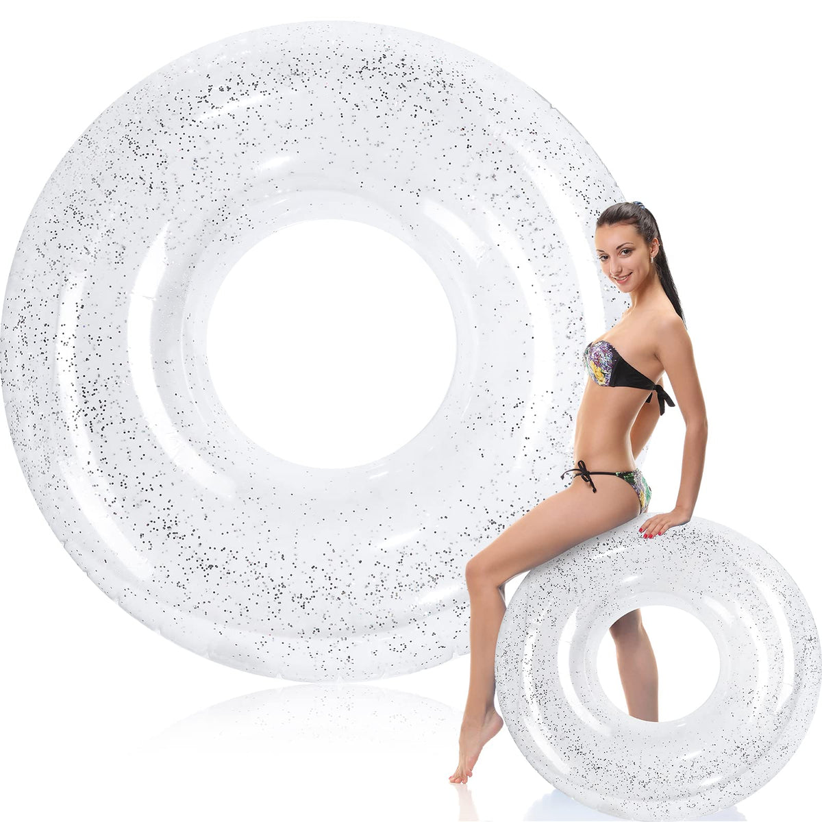 Wettarn Jumbo Pool Floats 47.24 Inches Large Float Tube Inflatable Pool Floats Clear Swim Floats Adults Size Swimming Tube with Colorful Sequins for Beach, Lake, Pool Party Supplies (1 Pc)