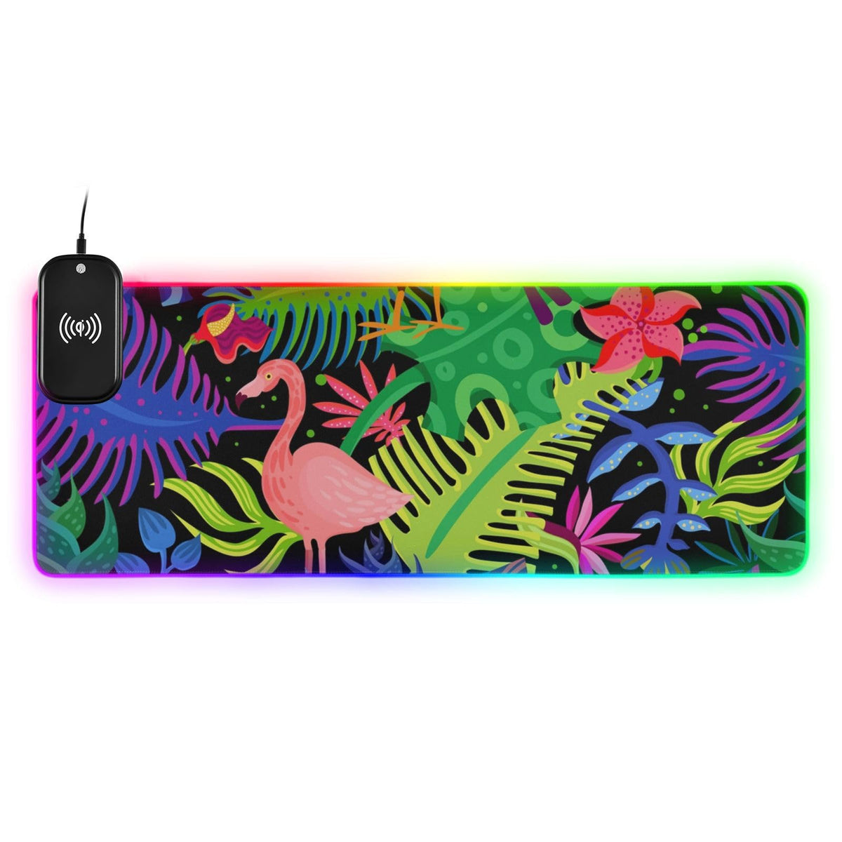 Flamingo Leaves Wireless Charging Mouse Pad for Mobile Phone Extra Large Gaming Mousepad with 13 Lighting Modes Computer Mat for Office Home Gaming MacBook PC Laptop Desk