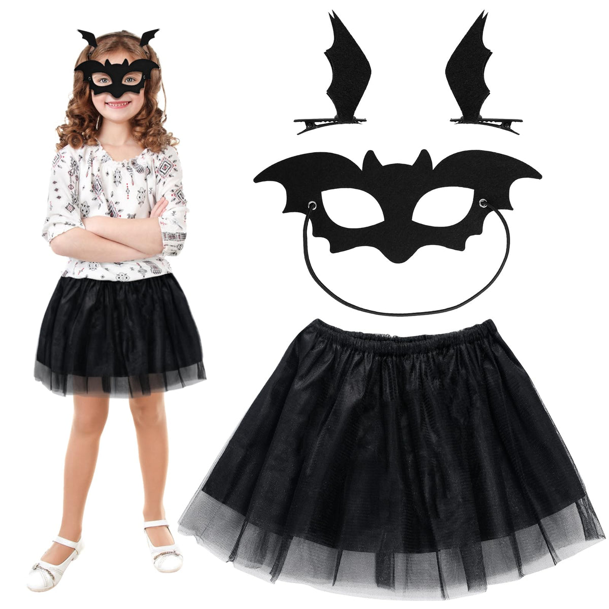 HONMOK 3 Piece Kids Bat Costume, Girls Bat Fancy Dress Costume Include Bat Wing Hair Clips & Black Bat Eyemask & Tutu Dress, Bat Outfit for 3-10y Girls Halloween Masquerade Costume Accessories