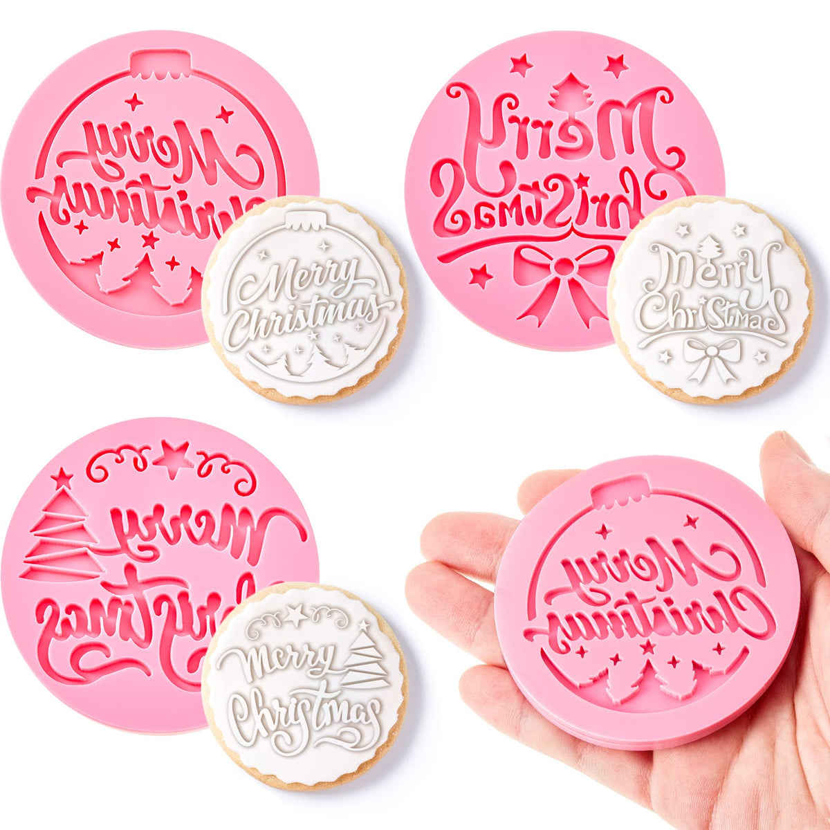 3 Pcs Christmas Fondant Embossing Stamps Merry Christmas Cookie Embosser 3D Raised Design Embosser Pink Round Acrylic Christmas Cupcake Stamp for Fondant, Icing, Cupcake, Cake, Biscuit, Decoration