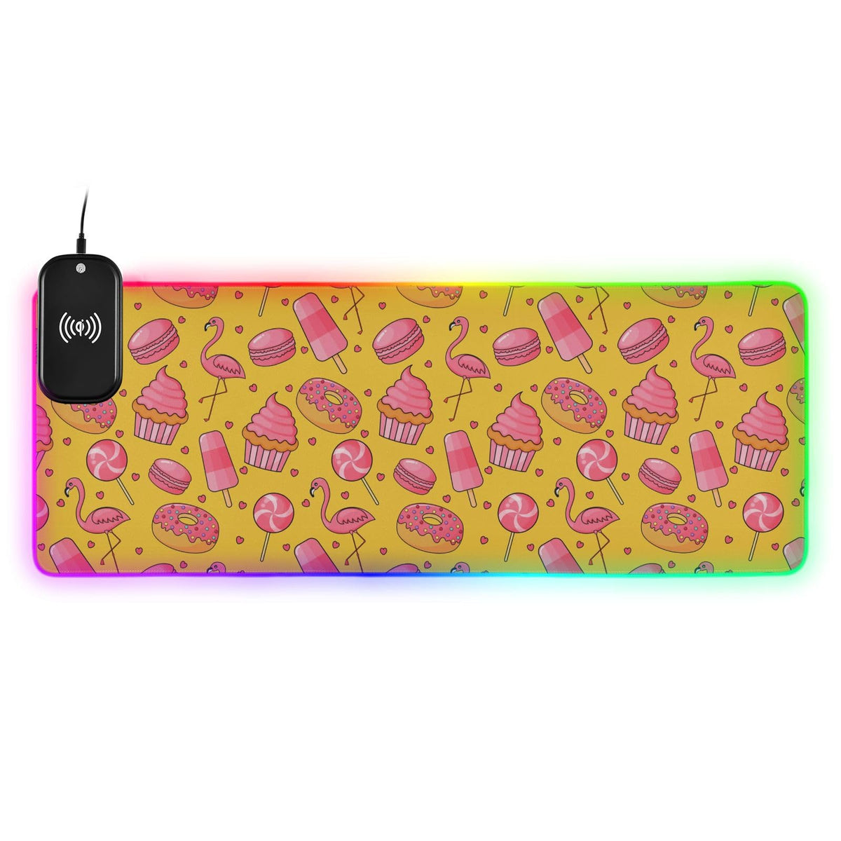 Cute Candy Flamingo Wireless Charging Mouse Pad for Mobile Phone Extra Large Gaming Mousepad with 13 Lighting Modes Extended Desk Mat for Office Home Gaming MacBook PC Laptop Desk