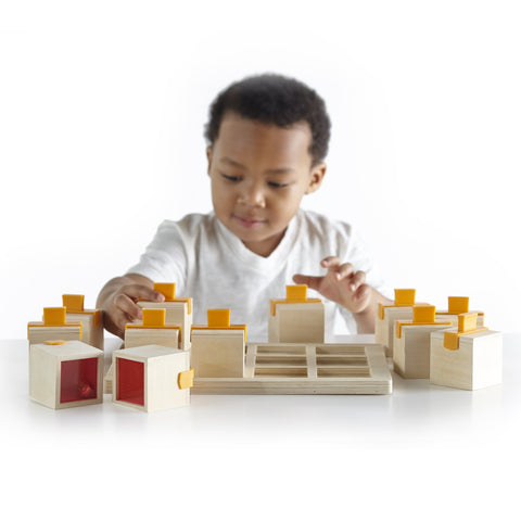 Guidecraft Peekaboo Sound Boxes with Storage Tray : Musical Toy for Children - Kids Early Learning and Development Toy