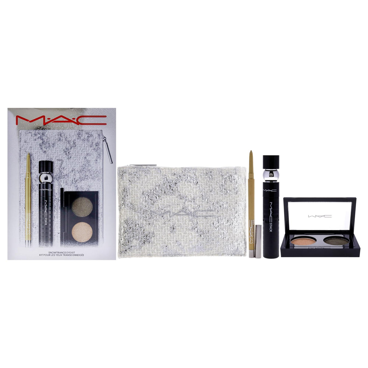 MAC Snowtrance Eye Kit for Women - 4 Pc 0.1oz Eye Shadow Duo, 0.41oz M-A-C Stack Mascara - Black, 0.01oz M-A-C Colour Excess Gel Pencil Eye Liner - Gold Goals, Pouch