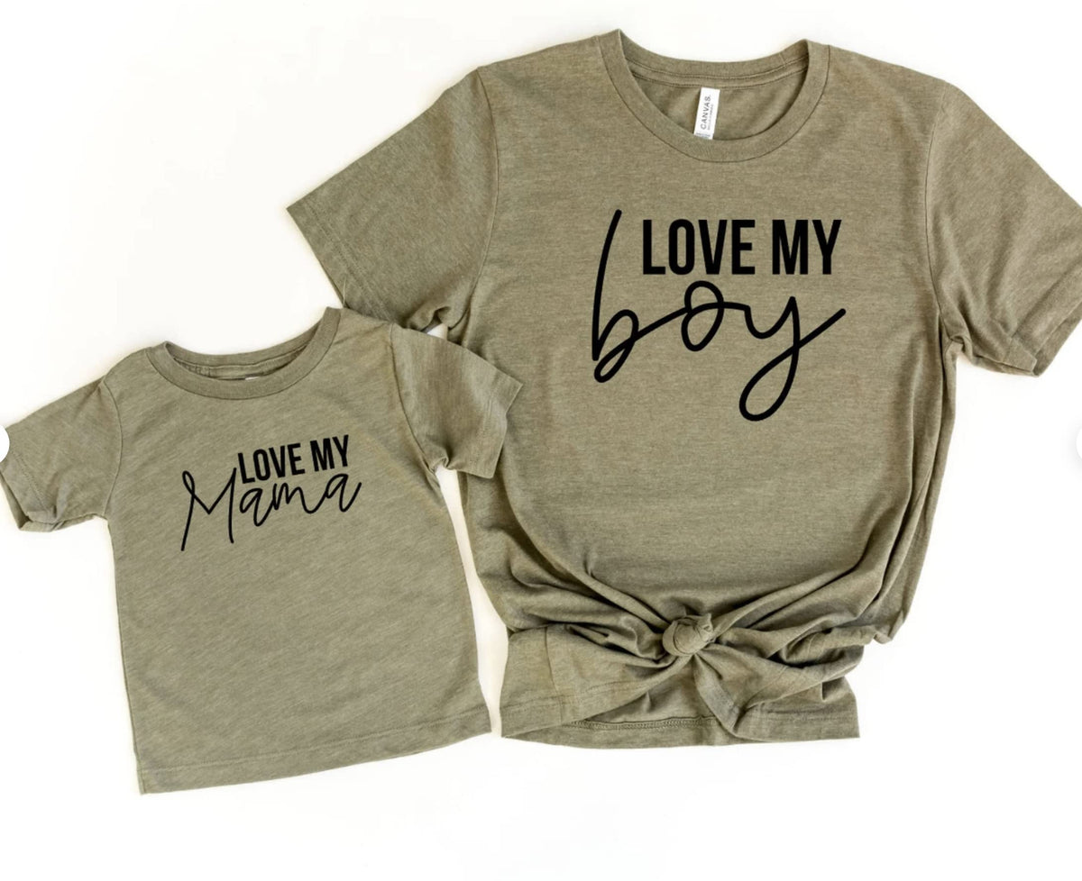 Love my boy Love my mama Matching mommy and me shirts for boy mom (Adult unisex medium, Love my BOY (singular), Olive)
