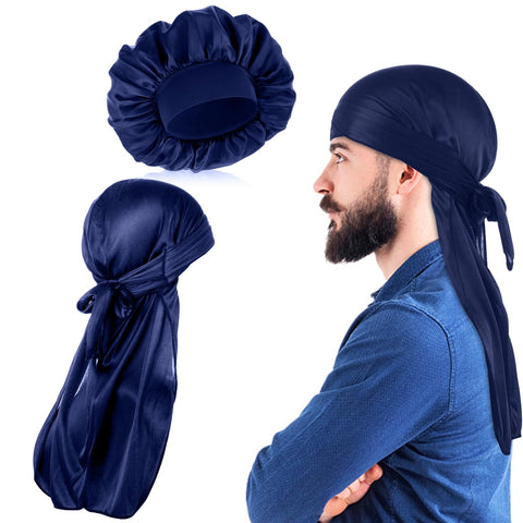 COMNICO Silk Bonnet for Men, 2 Pcs Elastic Wide Satin Bonnet Band Silk Sleep Cap Single Layer Adjustable Soft Band Hair Satin Cap for Women Sleeping