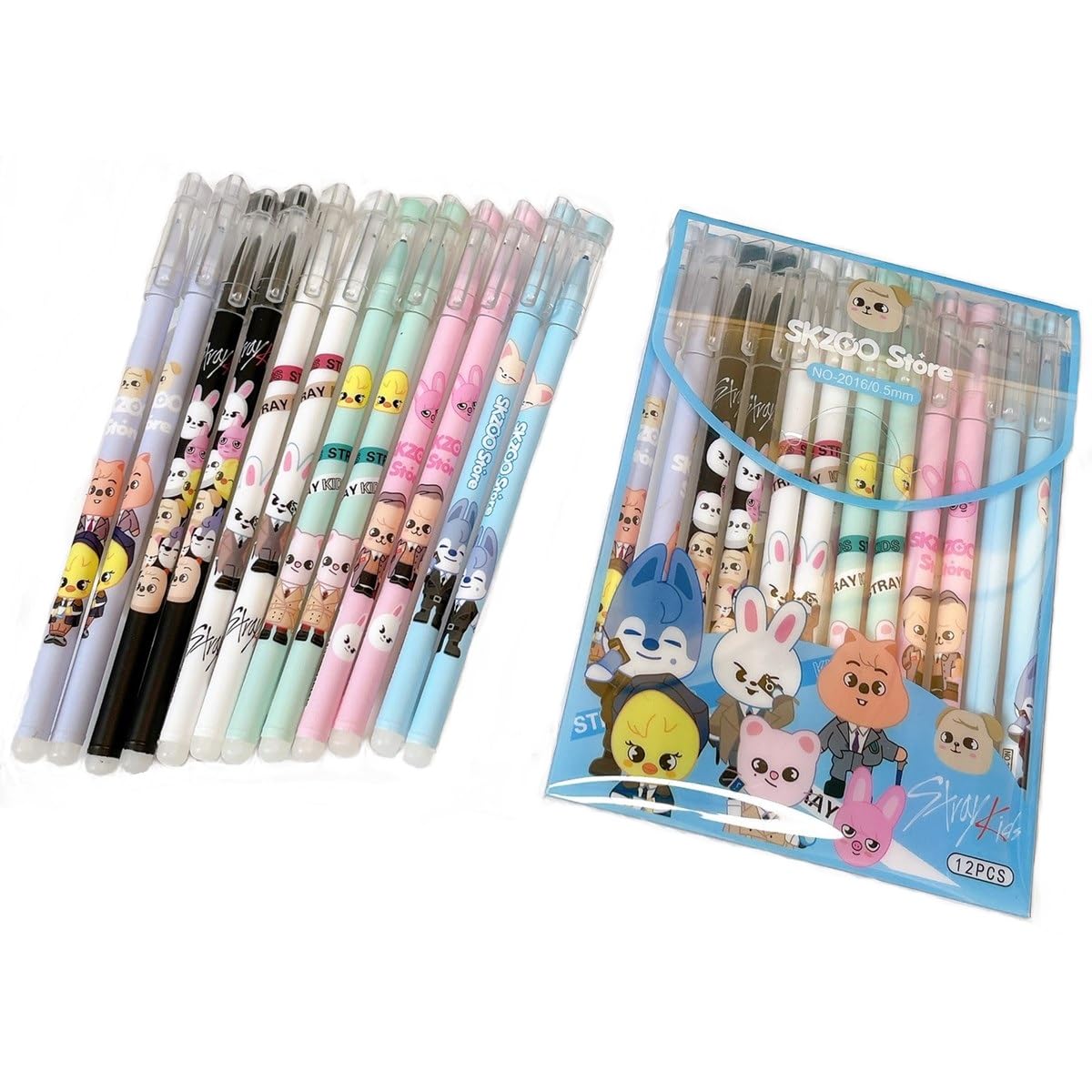 Stray KÂ·ids Pens SKZOO Erasable Ballpoint Pen Stray Kids Merch SKZOO Gel Ink Pens 0.5MM Black(12PCS)