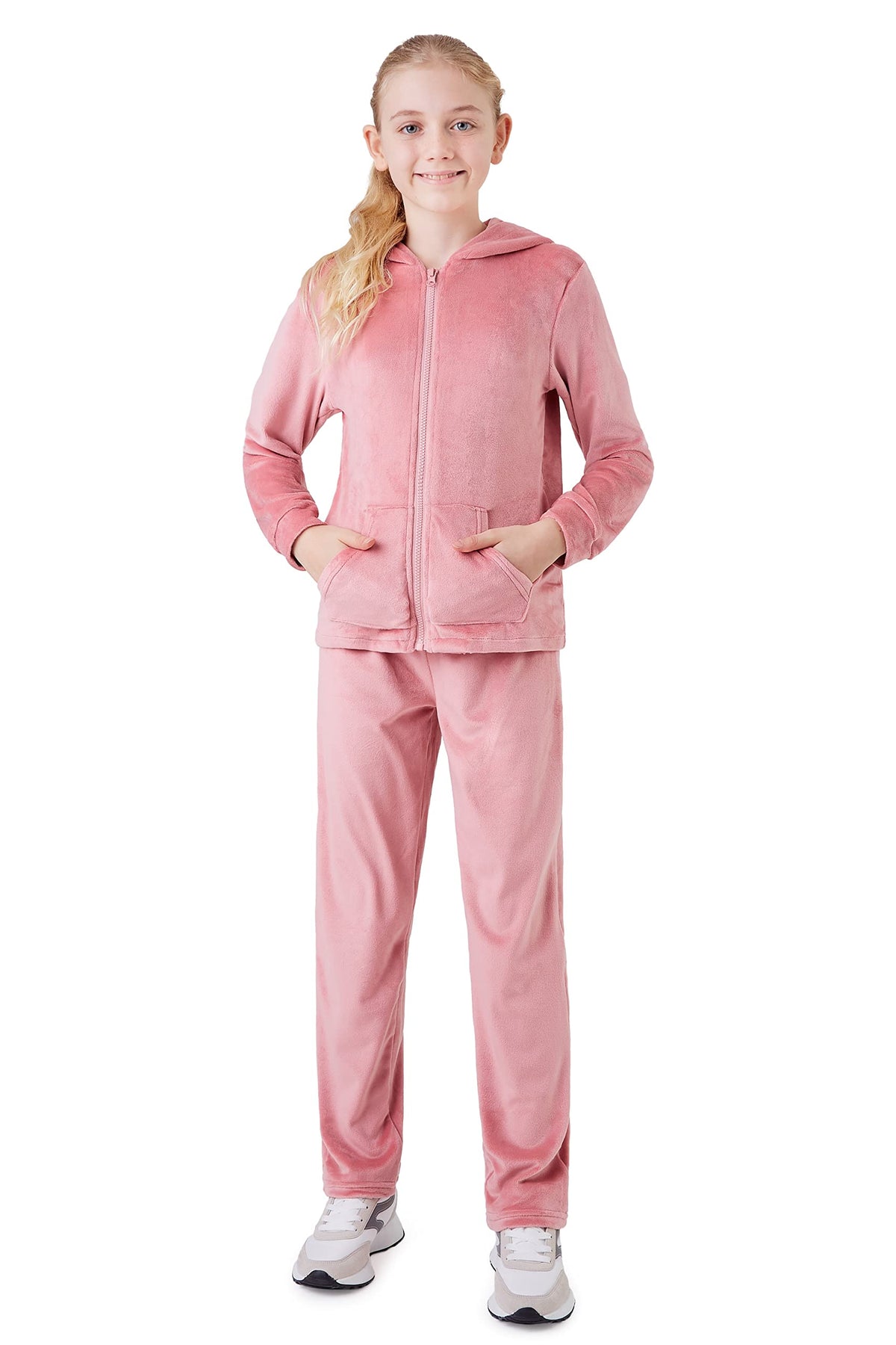 CityComfort Girls Tracksuit Set, 2 Piece Velour Hoodie and Tracksuit Bottoms Lounge Set (Pink, 5-6 Years)