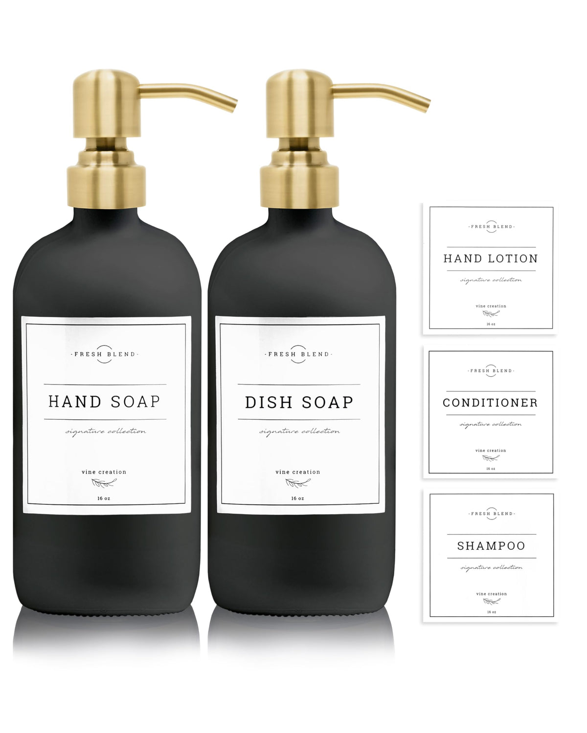 Vine Creations Black Glass Soap Dispenser, 2 Pack Kitchen Soap Dispenser Set with Stainless Steel Pump, 16 oz Hand Soap Dispenser Bathroom, Dish Soap Dispenser for Kitchen with Waterproof Labels