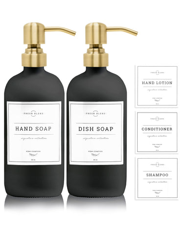 Vine Creations Black Glass Soap Dispenser, 2 Pack Kitchen Soap Dispenser Set with Stainless Steel Pump, 16 oz Hand Soap Dispenser Bathroom, Dish Soap Dispenser for Kitchen with Waterproof Labels