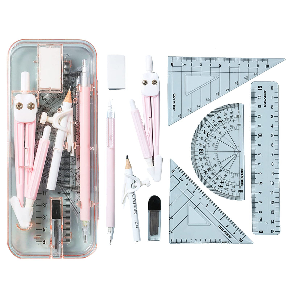 GZBABY Math Geometry Tool Set Student Supplies Drawing Compass 9 Pcs,Drafting Tools with Shatterproof Storage Box,Compass Geometry Set for Drafting and Drawings (Pink)