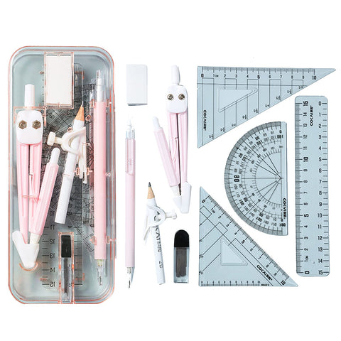 GZBABY Math Geometry Tool Set Student Supplies Drawing Compass 9 Pcs,Drafting Tools with Shatterproof Storage Box,Compass Geometry Set for Drafting and Drawings (Pink)