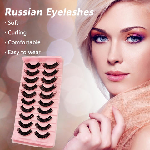 10 Pairs False Eyelashes 60D-Curl Russian Strip Lashes, Fluffy Eyelashes Wispy - Volume Fake Lashes Natural Eyelashes, Handmade Russian Lashes Eyelash Extensions, Lightweight and Soft Eyelashes
