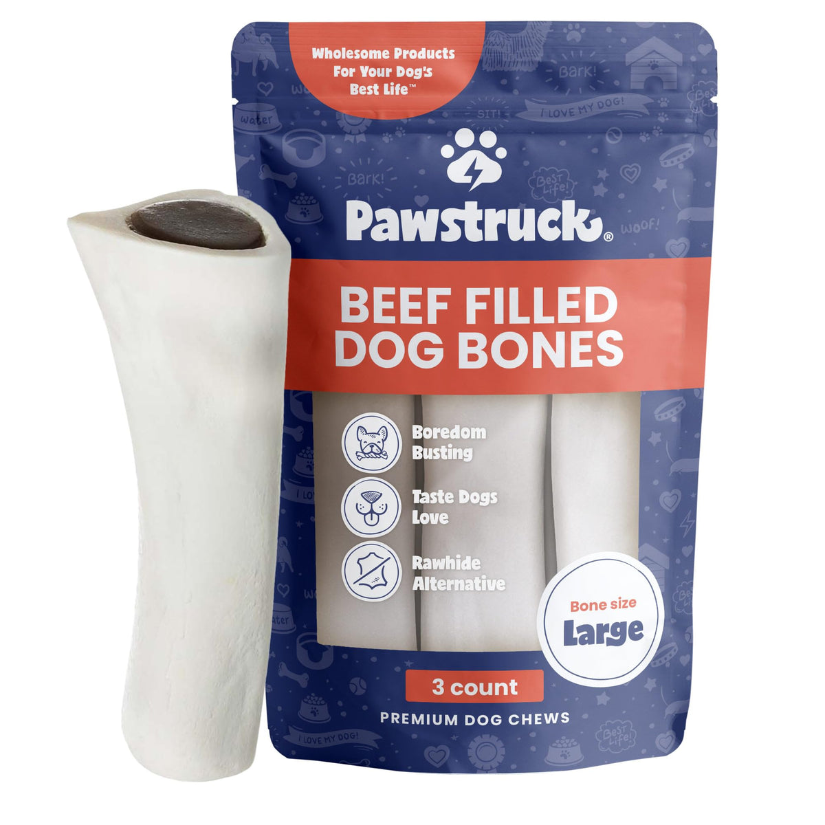 Pawstruck Large 5-6" Filled Dog Bones, Beef Flavor - Made in USA Long Lasting Stuffed Femur for Aggressive Chewers Dental Treat - Pack of 3 - Packaging May Vary