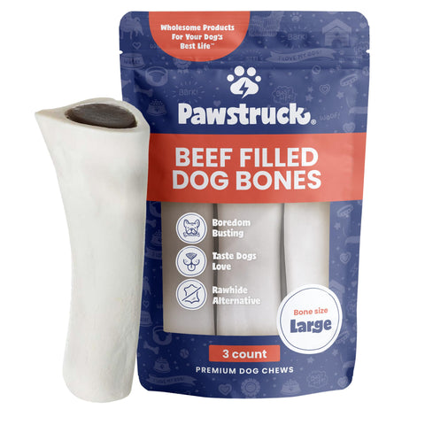 Pawstruck Large 5-6" Filled Dog Bones, Beef Flavor - Made in USA Long Lasting Stuffed Femur for Aggressive Chewers Dental Treat - Pack of 3 - Packaging May Vary