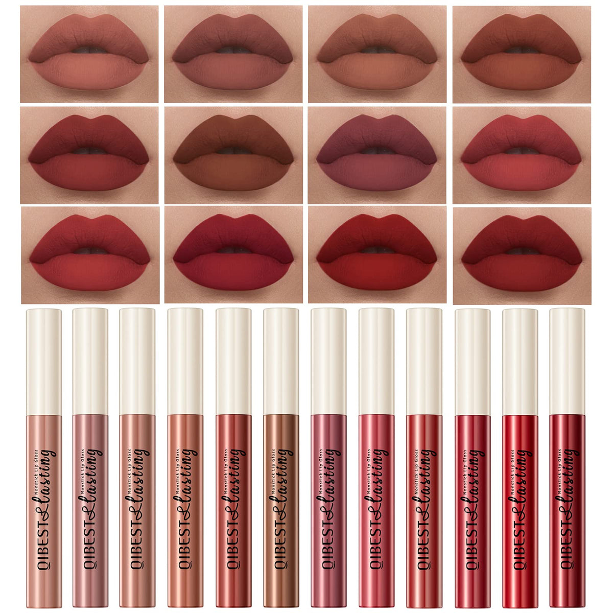12Pcs Makeup Matte Lipstick Lip Kit, Non-Stick Cup Not Fade Velvety Liquid Lipstick Waterproof Long Lasting Durable Nude Lip Gloss Beauty Cosmetics Gift Box Makeup Set Kit (Natural Lip Collection)