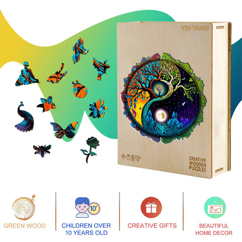 KAAYEE Wooden Jigsaw Puzzles-Wooden Puzzle Adult Unique Shape Advanced Yinyang Wooden Jigsaw Puzzle for Adult, Family Puzzles 11.8 * 11.8in 200pcs