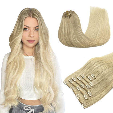 Hair Extensions Real Human Hair, 24 Inch Ash Blonde to Golden Blonde and Platinum Blonde 7 pcs Hair Extensions, MAXITA 120g Clip in Hair Extensions Real Human Hair Long Straight Natural Hair for Woman