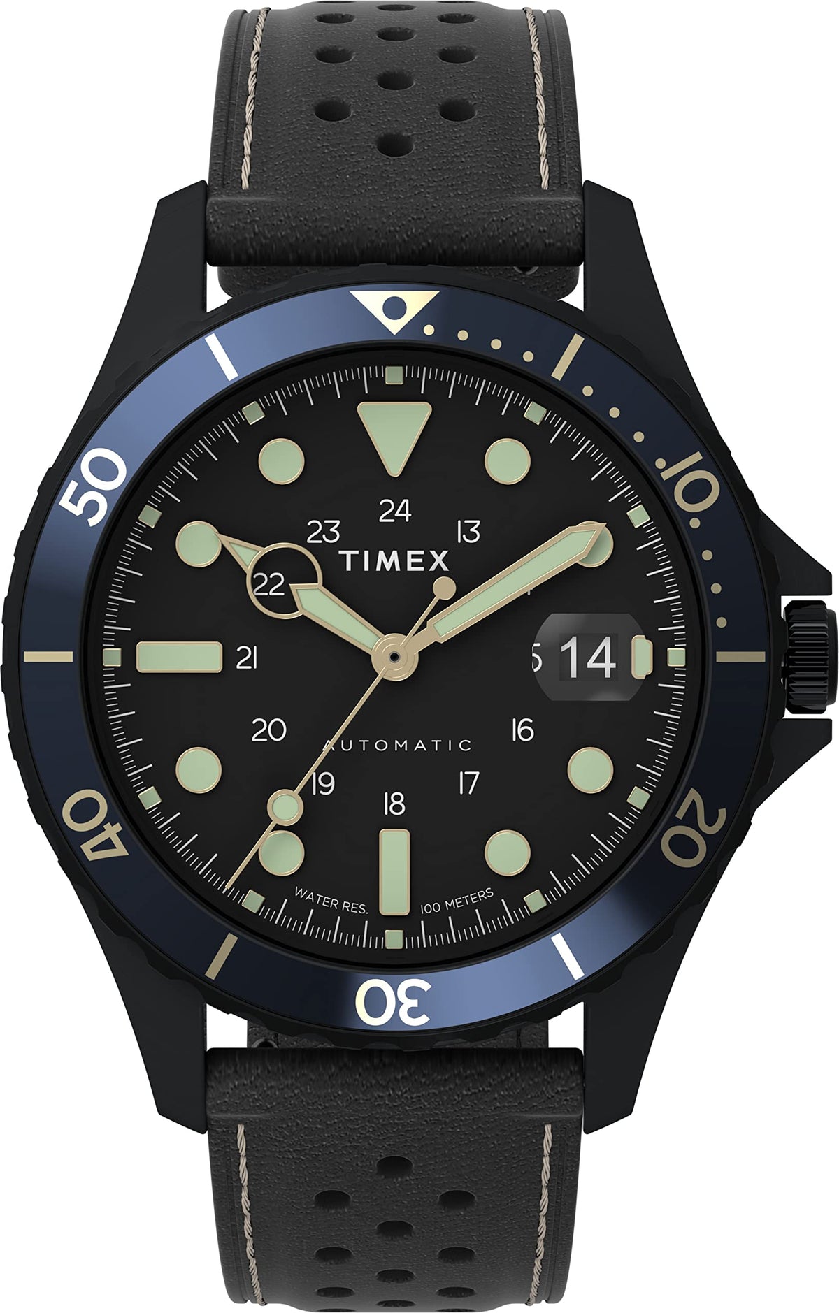 Timex Men's Navi XL Automatic 41mm Watch - Black Stainless Steel Case & Dial Blue-Black Top Ring with Black Genuine Leather Strap