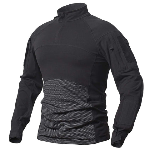 CARWORNIC Men's Tactical Combat Shirt Long Sleeve Military Camouflage T Shirt Lightweight Elastic Cotton Outdoor Camo Army Shirts with 1/4 Zip