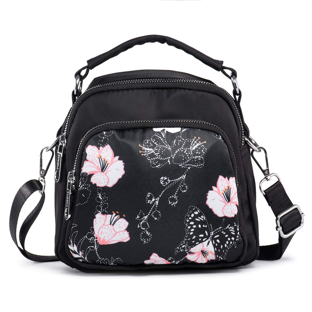 LaRechor Convertible Womens Girls Small Cross Body Shoulder Bag Tote Bag Handbag Mini Backpack with Pockets (Flowers with Butterfly)
