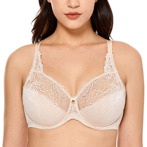 DELIMIRA Women's Plus Size Full Coverage Underwire Unlined Minimizer Lace Bra Beige 38C