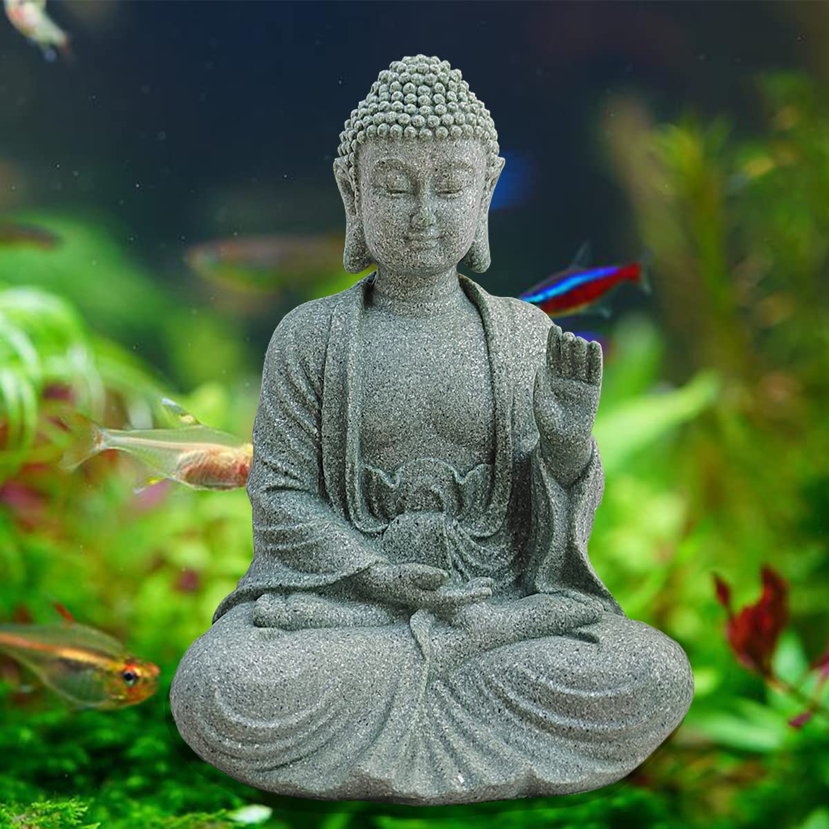 livelyfish Fish Tank Buddha Statue Handmade Japanese Aquarium Decoration Heavy-Duty Peace Hand Meditation Buda Sculpture for Aquarium Fish Tank Home Decor, Large-B