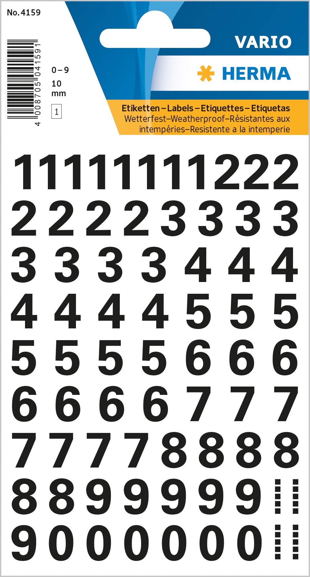 Herma 4159 Number Stickers 0-9, Weatherproof (Font Size 10 mm, 1 Sheet, Film) Self-Adhesive, Permanent Adhesive Number Stickers, 71 Labels, Transparent/Black