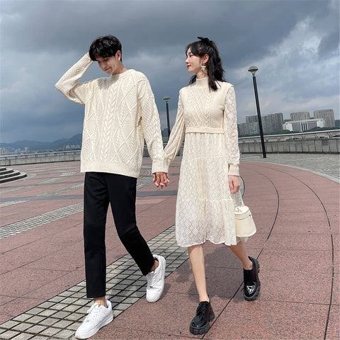Couple Matching Clothes White Long Design Lace Sweater Dress College High School Korean Fashion Outfit Wear Set (Color : White, Size : Woman M code)