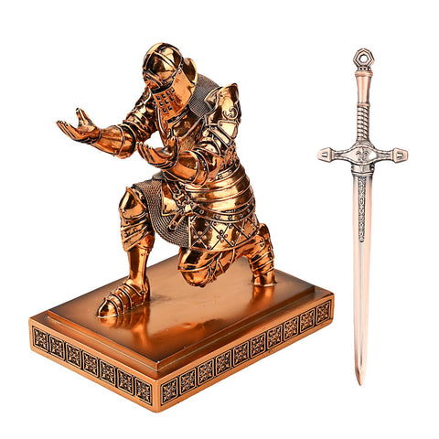 HDMbigmi King's Guard Knight Pen Holder Pen Stand Desk Organizers and Accessories Resin Pencil Holder as Gift with a Metal Sword Letter Opener for Office and Home (Copper(Plating))