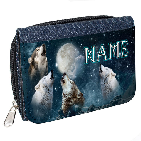 Personalised Ladies Purse Wolf Coin Wallet Pretty Womens Clutch Pouch Denim Wolves Moon Birthday Gift KS30