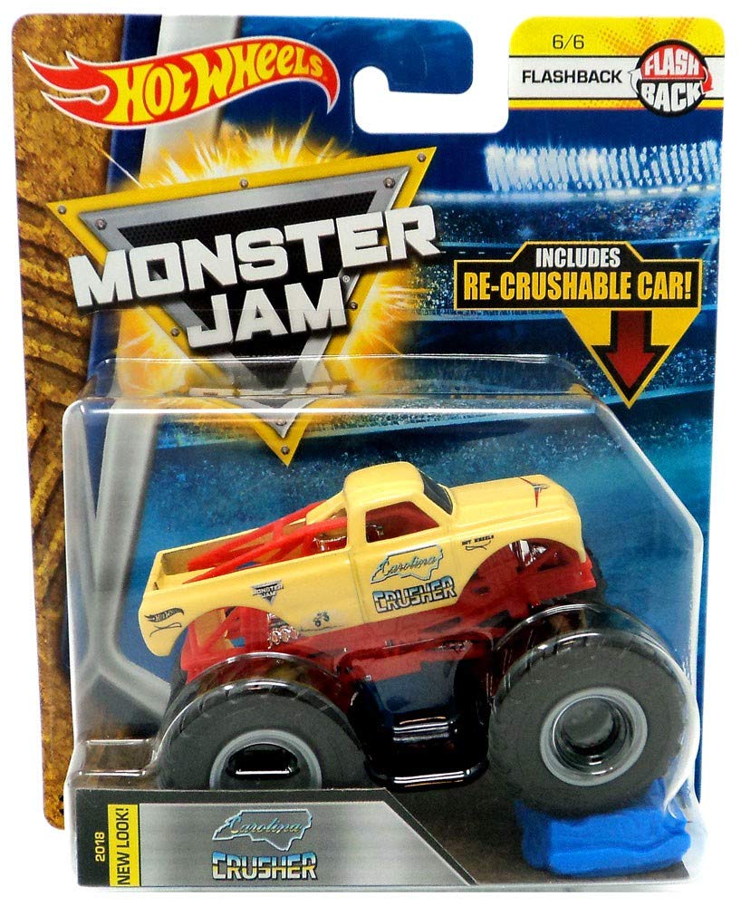 Hot Wheels Monster JAM 1:64 Scale Flashback 6/6, Yellow Carolina Crusher 2018 New Look Includes RE-Crushable CAR