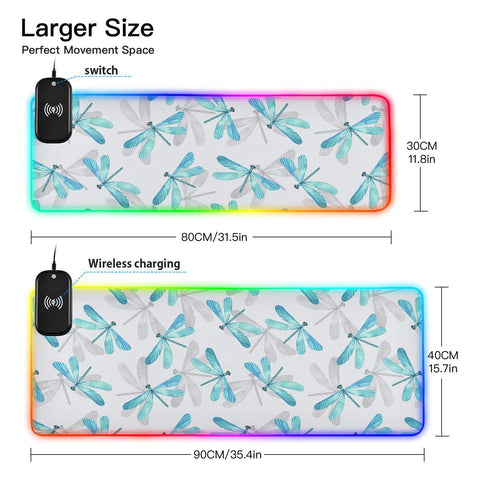 Blue Dragonfly Wireless Charging Mouse Pad for Mobile Phone Extra Large Gaming Mousepad with 13 Lighting Modes Computer Mat for Office Home Gaming MacBook PC Laptop Desk