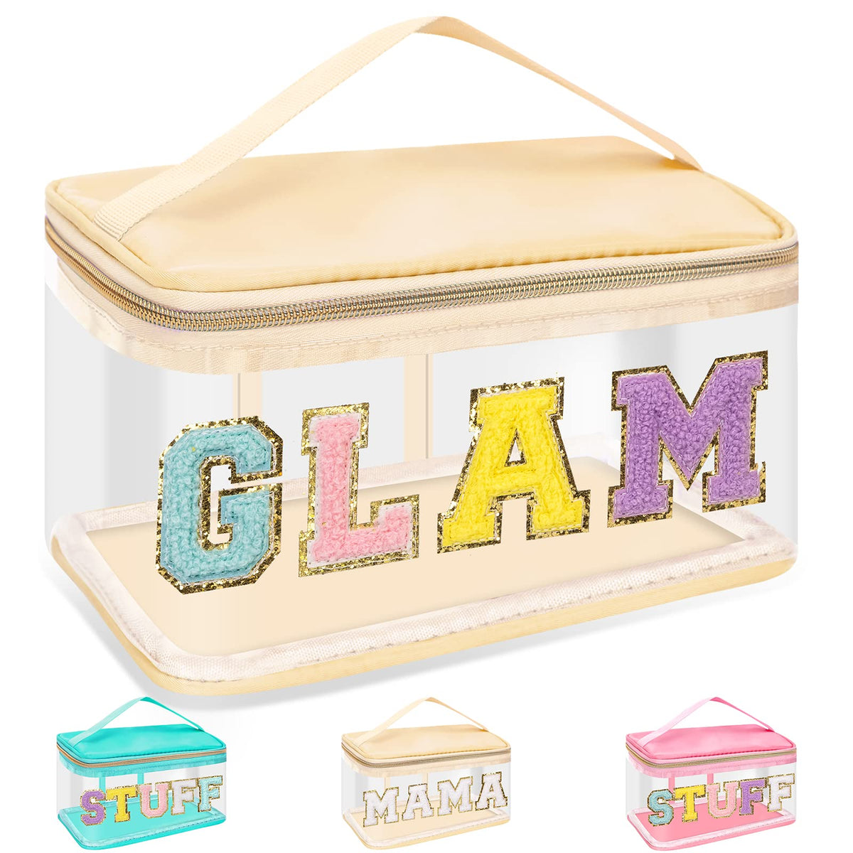 izuzta Chenille Letter Clear Makeup Bags Preppy Patch Makeup Bag with Handle, GLAM-Beige, Fashion