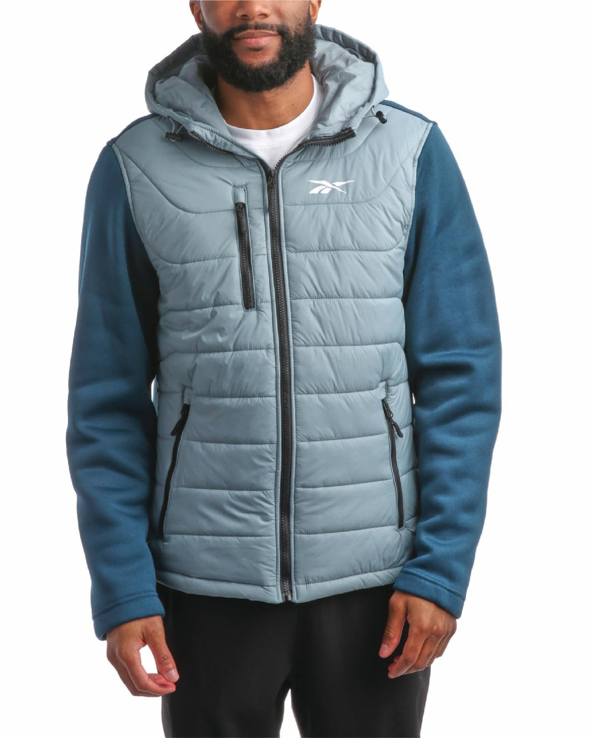 Reebok Men's Jacket - Warm Insulated Quilted Puffer Jacket with Sweater Fleece Sleeves - Hooded Outdoor Jacket for Men (M-XL), Size Medium, Blue Slate