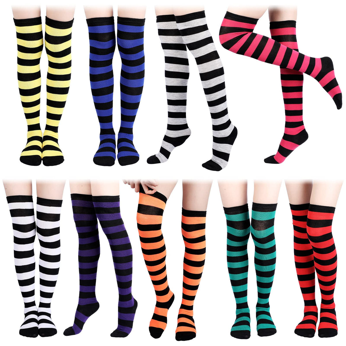 9 Pairs Halloween Thigh High Socks Multicolored over the Knee Socks Long Striped Socks Kawaii Socks for Women Girls Halloween Cosplay Party Costumes