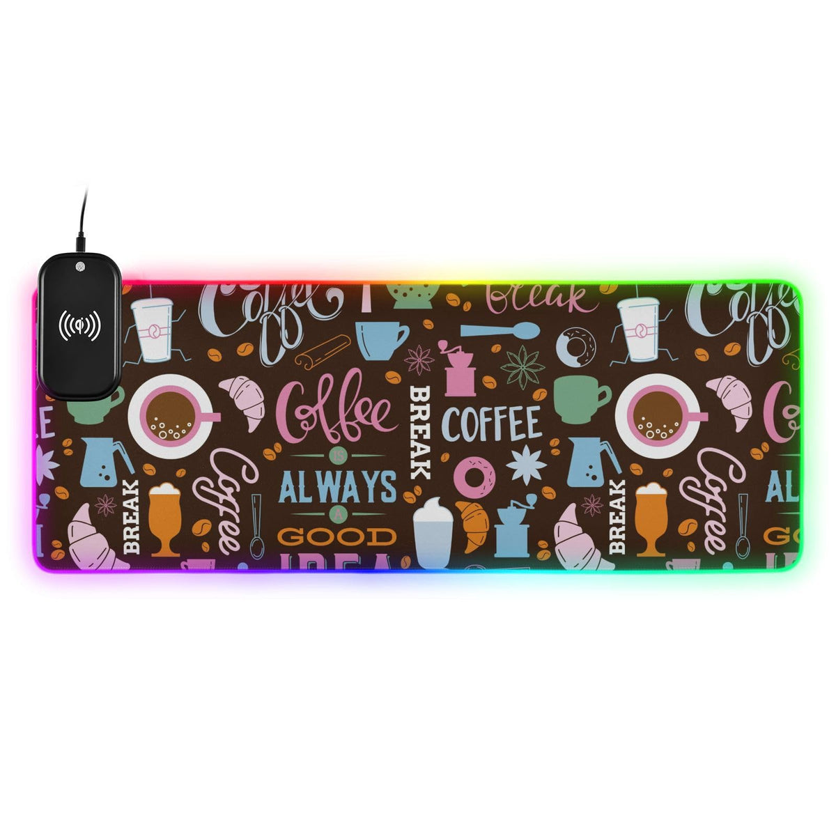 Coffee Cup Wireless Charging Mouse Pad for Mobile Phone Extra Large Gaming Mousepad with 13 Lighting Modes Computer Mat for Gaming MacBook PC Laptop Desk Home Office