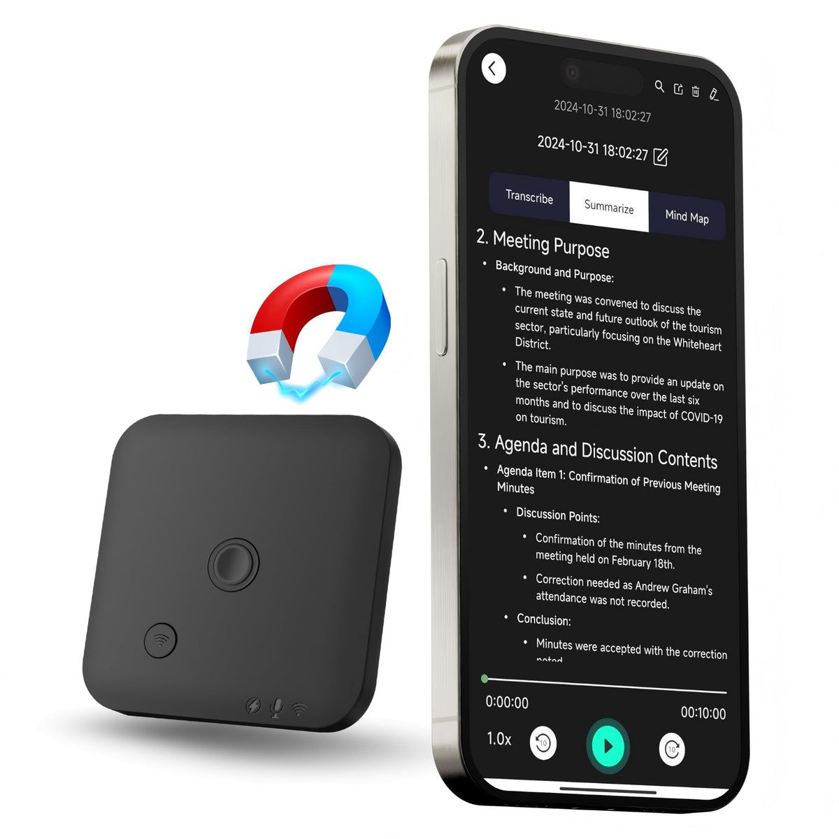 Voice Recorder with APP for AI Voice-to-Text Transcription, GPT-4o Summary, Mind Mapping, 64GB Storage, and a Magnetic Design, Dictaphone for Calls, Lectures, and Meetings, by FoCase Rec