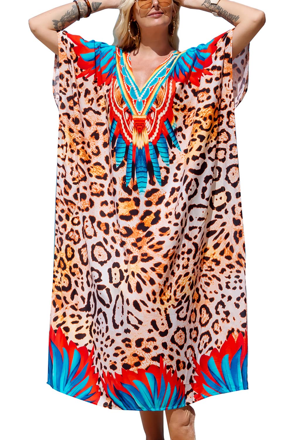 YouKD Women's Summer Kaftan Maxi Boho Dress Beach Coverup Robe Long Kimono One Size Bathrobes