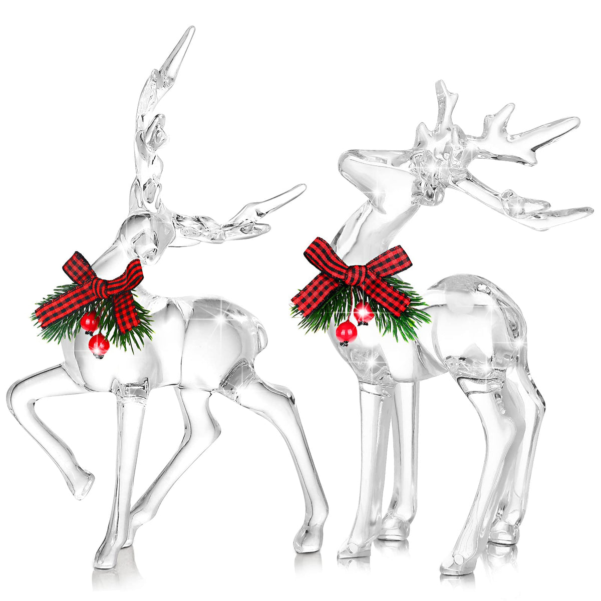 Bucherry 2 Pcs Christmas Reindeer Figurines Decoration Acrylic Deer Decor Christmas Holiday Deer Figurine Statues with Red Berries Bow Xmas Deer Decor Home Holiday Party Supplies (Basic Style)