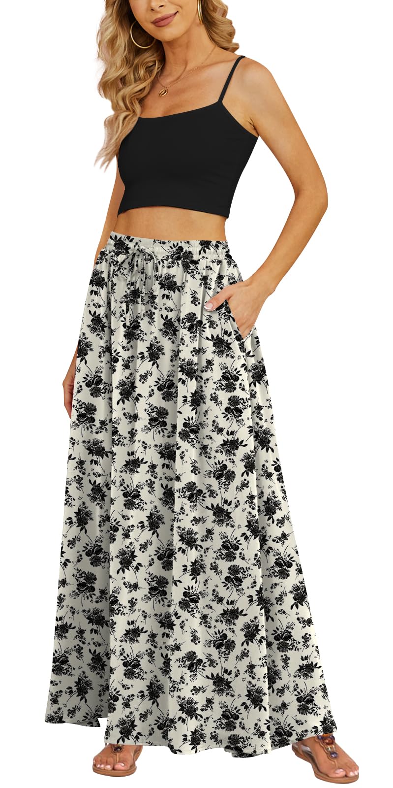 Yincro Women Flowy Maxi Skirt Summer Pleated High Waisted Casual Long Skirts with Pockets (Black Flower White, M)