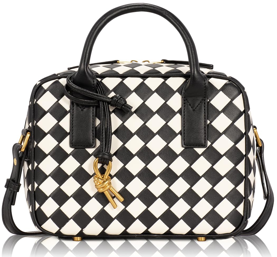 GASSDA Woven Bag for Women, Cute Tote Bag Crossbody Bag PU Leather Handmade Shoulder Handbags Woven Purses for Women (Black and White)