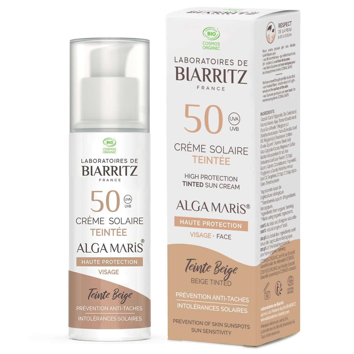 Laboratoires de Biarritz Alga Maris High Protectin Tinted Sunscreen Face SPF50 Organic 50ml - Beige