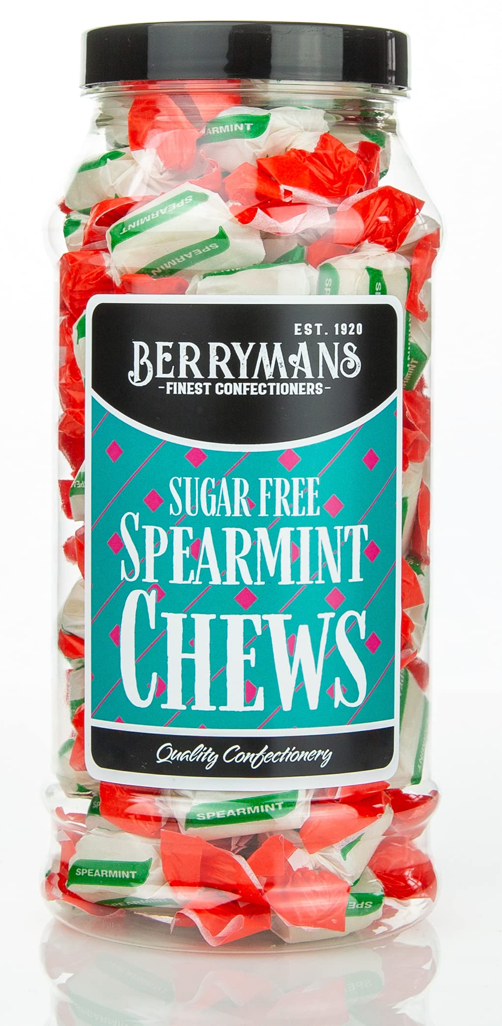 Original Sugar Free Spearmint Chews Retro Sweets Gift Jar by Berrymans Sweet Shop - Classic Sweets, Traditional Taste.