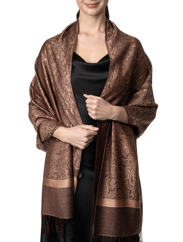 Achillea Women's Two Tone Vintage Jacquard Paisley Pashmina Shawl Wrap Scarf (Brown)
