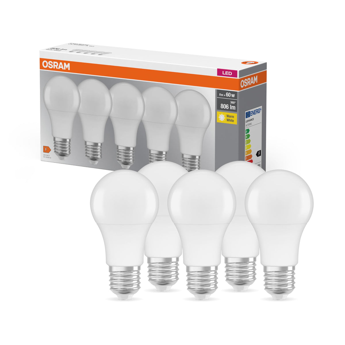 Osram LED Lamp/E27 Base/Warm White (2700 K)/Replaces 60 W Incandescent Bulbs/8.50 W/Frosted/LED Base Classic A, Pack of 5
